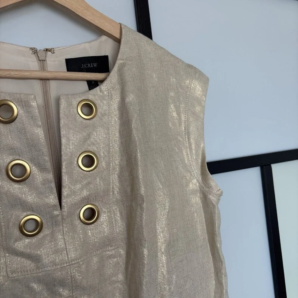 J. Crew Womens Linen Shift Dress‎ Size 8 Ivory/Gold Tone Career Office Preppy